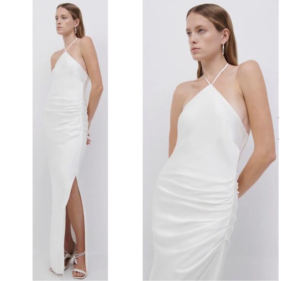 Jonathan Simkhai Hansel Classic Woven Halterneck White Satin Maxi Gown Sz 6 - Picture 3 of 9